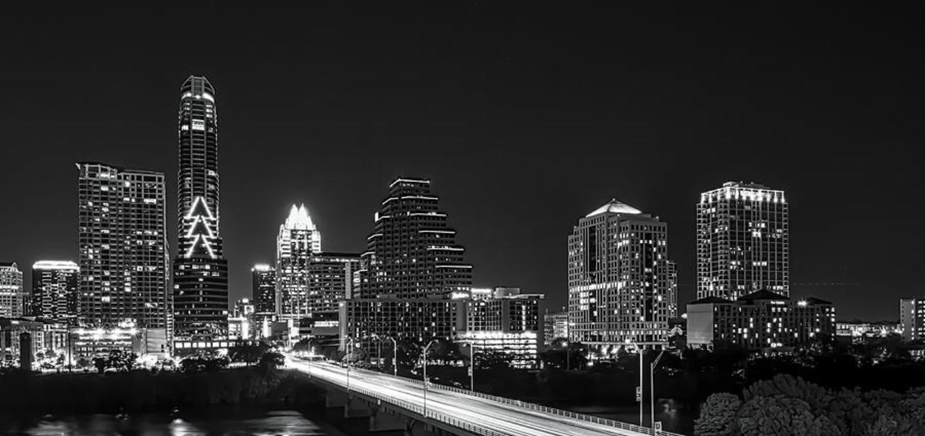Black and white skyline photograph of Austin