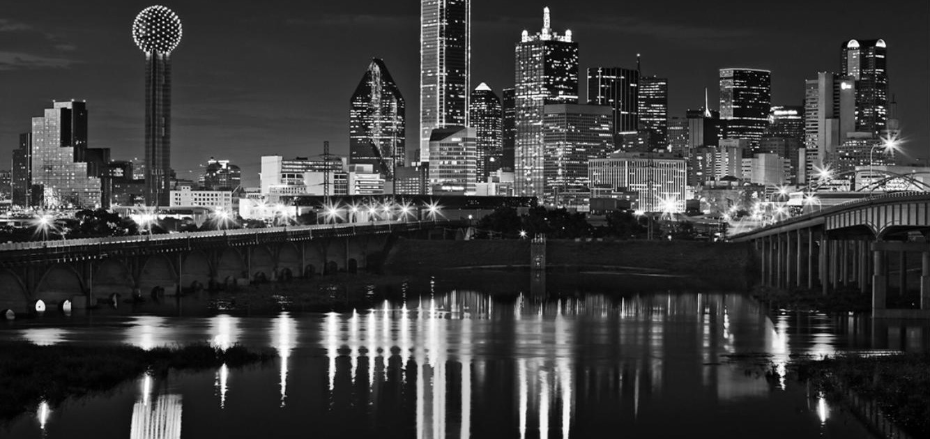 Black and white skyline photograph of Dallas