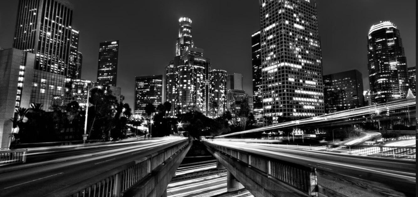 Black and white skyline photograph of LA2