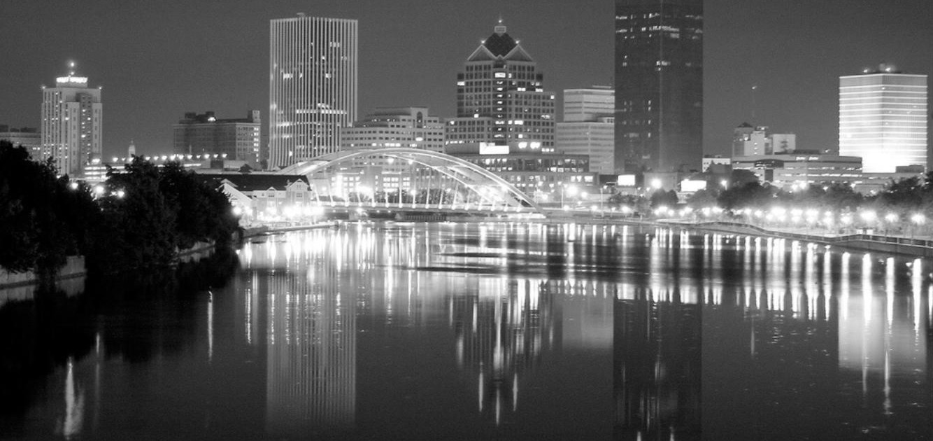 Black and white skyline photograph of Rochester
